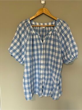beachlunchlounge Blue and White Gingham Button-Up Puff Sleeve Top